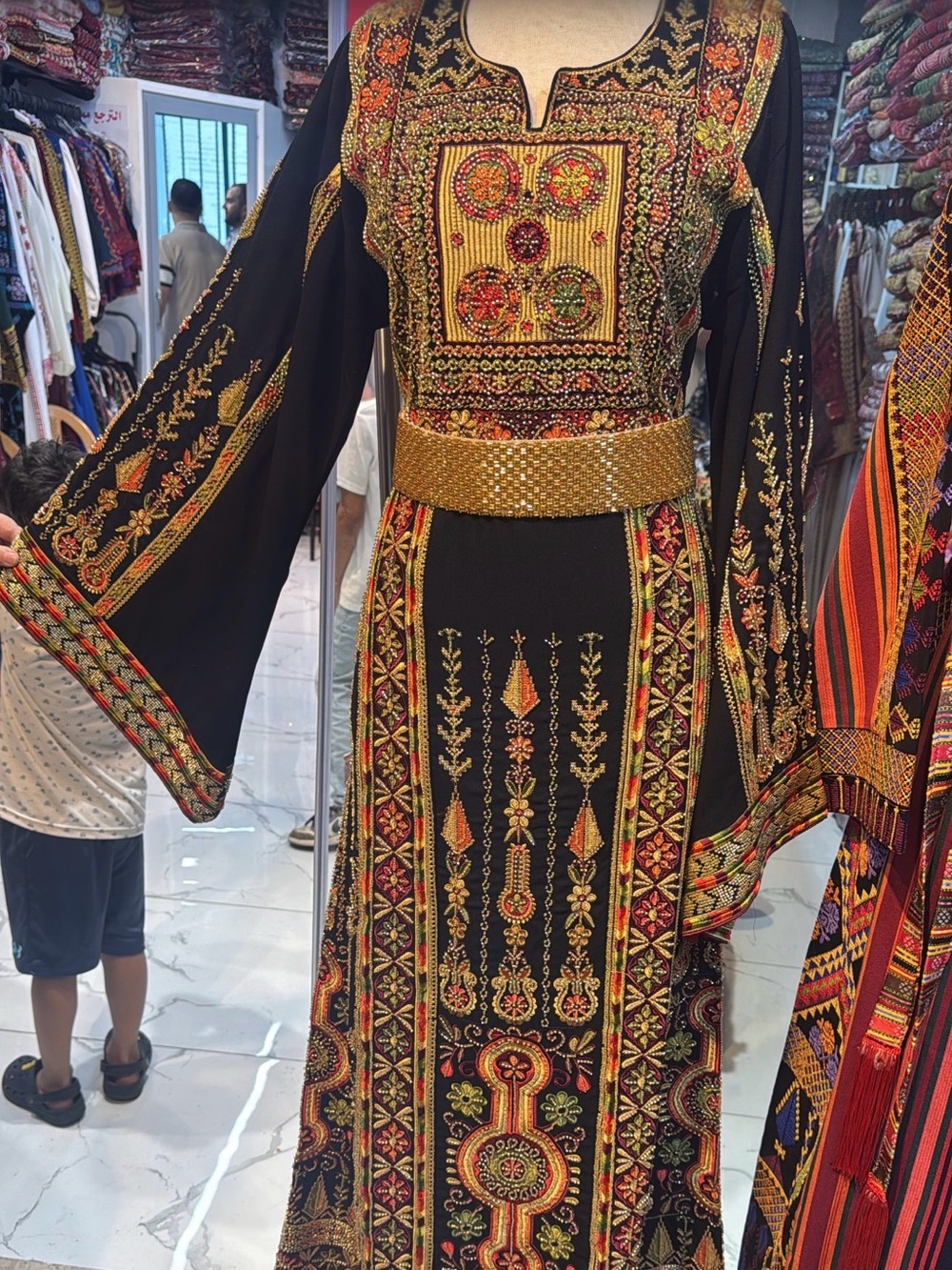 Embroidered Black & Gold Long Sleeve Maxi Dress
